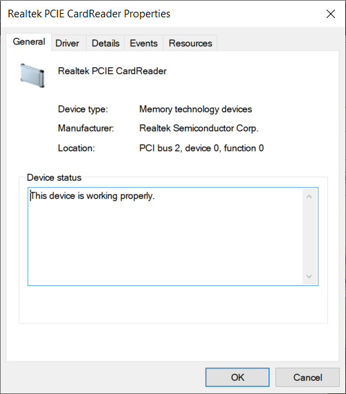 Realtek PCIE CardReader setting in device manager.