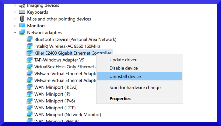 Uninstalling and Reinstalling the Network Drivers in the Device Manager.