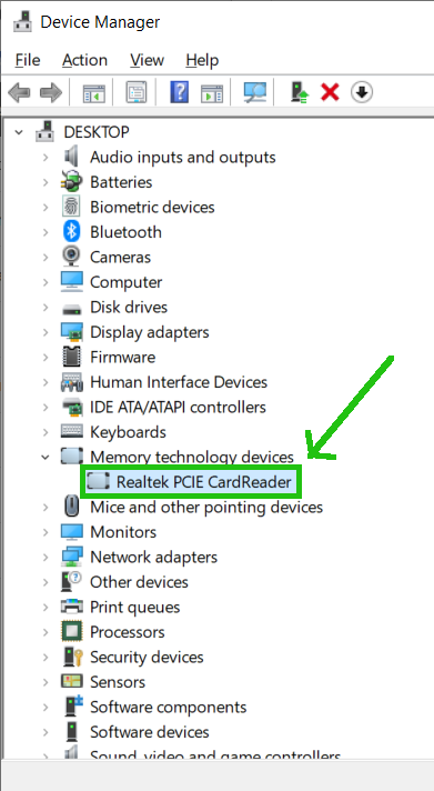 Realtek Card Reader in the Device Manager.
