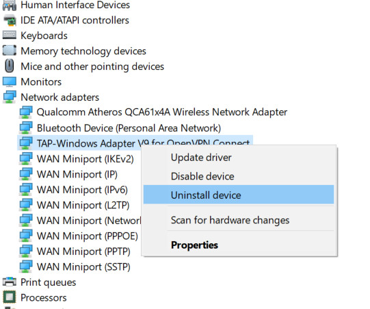 Device Manager remove TAP 9