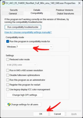 Compatability tab, windows 7 select then ok