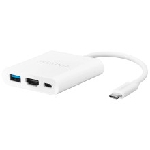 An image of a Insignia NS-PCACHM-C USB-C to HDMI/USB-C/A Adapter.