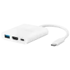 An image of a Insignia NS-PCACHM-C USB-C to HDMI/USB-C/A Adapter.